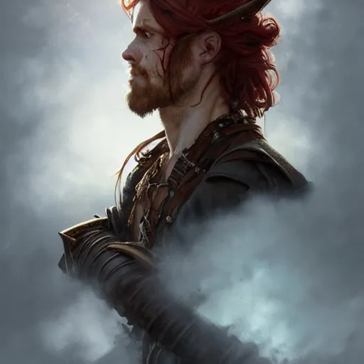 Image similar to portrait of a young rugged pirate, male, masculine, upper body, red hair, long hair, d & d, fantasy, intricate, elegant, highly detailed, steampunk, airship, digital painting, artstation, concept art, matte, sharp focus, illustration, art by artgerm and greg rutkowski and alphonse mucha
