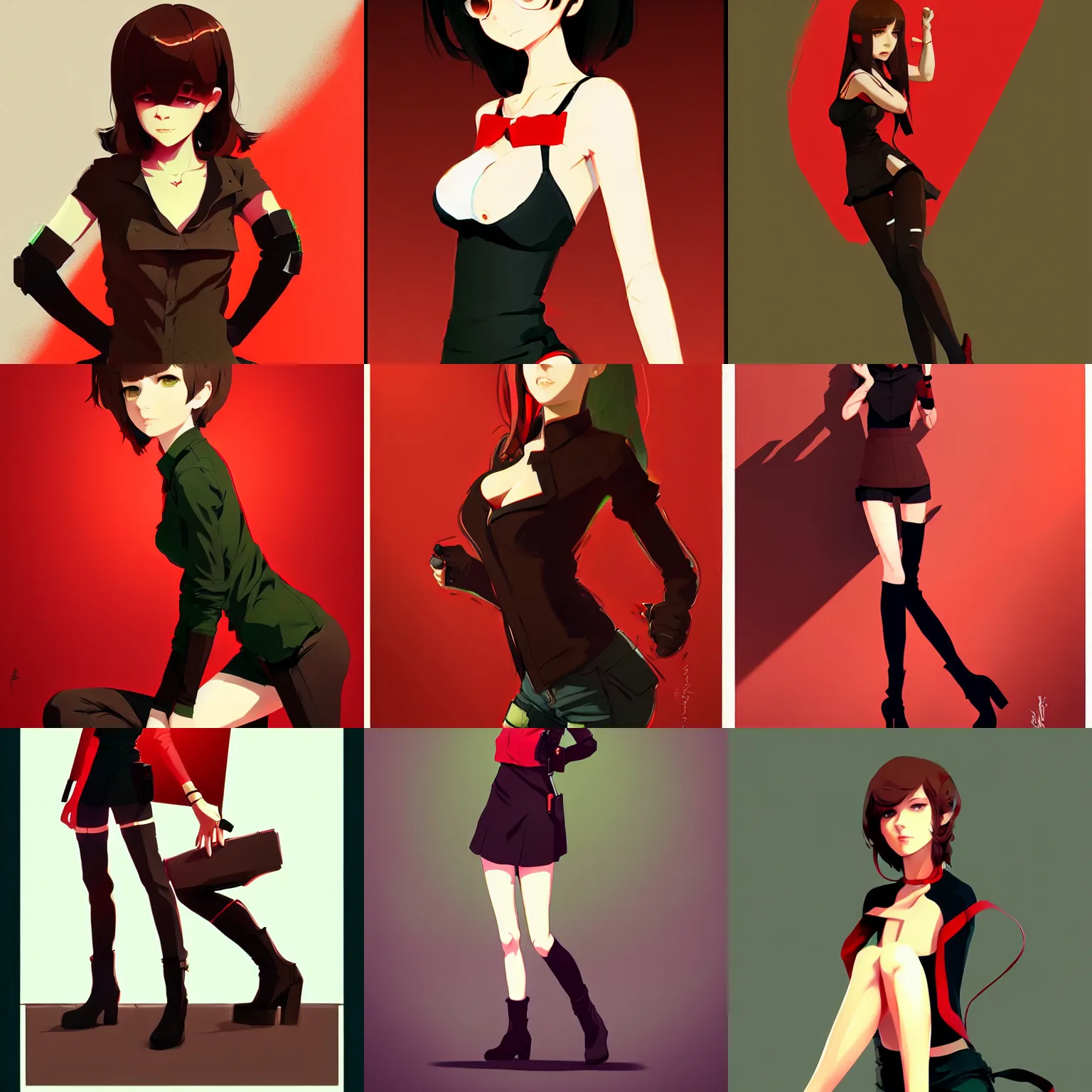 Prompt: yor forger from spy x family with brown hair and green eyes, wearing a camisole and boots, red and black color palette, in the style of and ilya kuvshinov and greg rutkowski, high quality anime artstyle, intricate