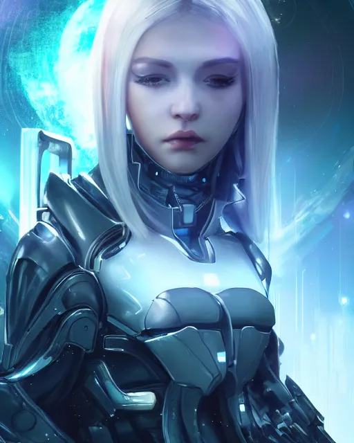 Image similar to perfect android girl on a mothership, warframe armor, beautiful face, scifi, futuristic, galaxy, nebula, raytracing, dreamy, long white hair, blue cyborg eyes, sharp focus, cinematic lighting, highly detailed, artstation, divine, by gauthier leblanc, kazuya takahashi, huifeng huang