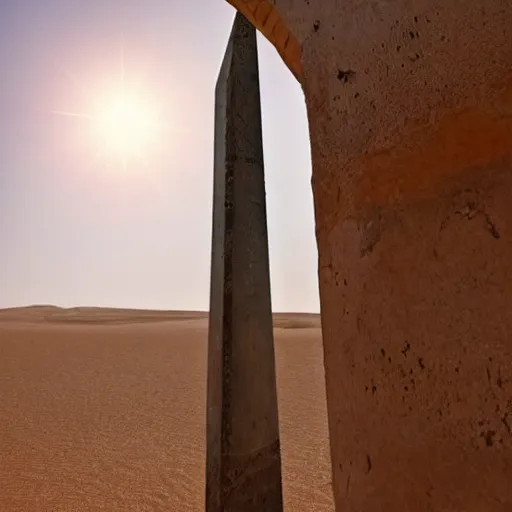 Image similar to A mythical sword floating above an obelisk in ancient ruins in the dessert