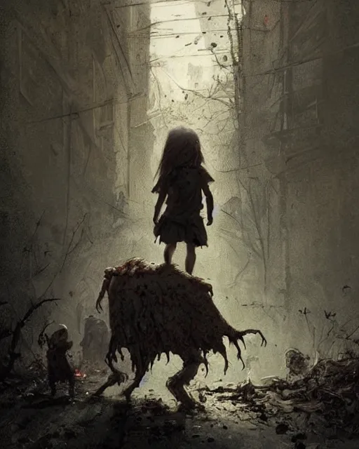 Image similar to a child zombie walking toward a scared teenager that fell on the ground by jean baptiste monge and greg rutkowski