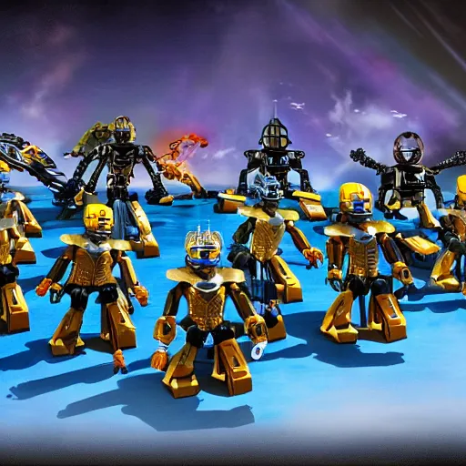 Image similar to an army of bionicle ready to overtake playmobil kingdom, high quality, very detailed, 4k