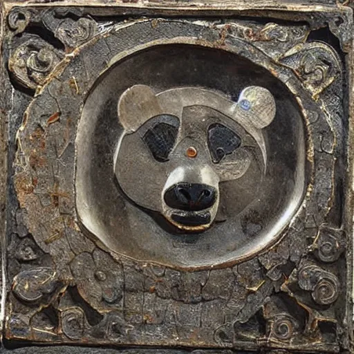 Prompt: Metalwork of a Panda, medieval art, fragmented metal medieval sculpture of a panda-n 4