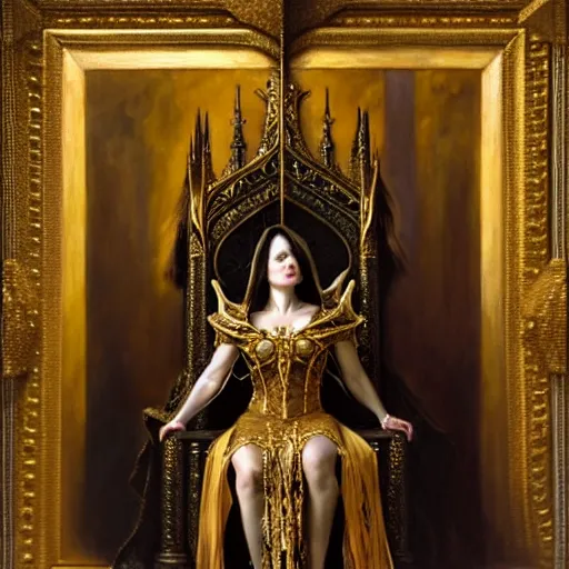 Image similar to full body portrait of hooded queen in gold gothic robes sitting on a throne of bones, elegant, highly detailed painting by gaston bussiere, craig mullins, j. c. leyendecker, 8 k, mid shot