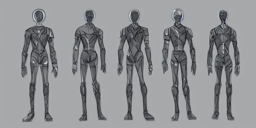 Image similar to male, space suit, character sheet, concept art, stylized, large shoulders, short torso, long thin legs, exaggerated proportions, concept design