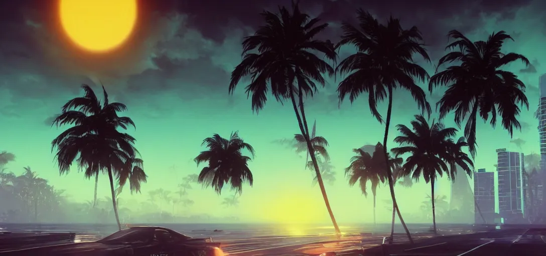 Prompt: beautiful render of dark scene of miami palm trees retrowave synthware neon 8 0 s sunset, sunset, inner light, surreal, unreal, unreal engine, battlefield, first light, dead soldiers, moor, morning mist, dramatic clouds, gallows, soft light, by greg rutkowski and h. r. giger, cgsociety