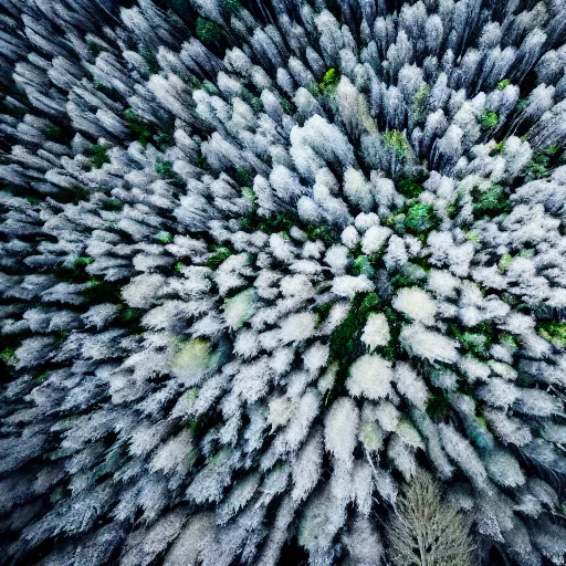 Image similar to Looking down at the forest floor, covered in fallen leaves, An indigo forest in Japan, dark, midnight, ghostly white trees