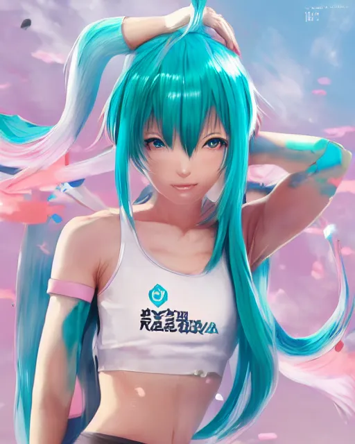 Prompt: hatsune miku wearing crop gym top with white lettering, crop yoga short, Advertising photography by Stanley Artgerm Lau, WLOP, Rossdraws, James Jean, Andrei Riabovitchev, Marc Simonetti, Yoshitaka Amano, digital art, masterwork, cgstudio