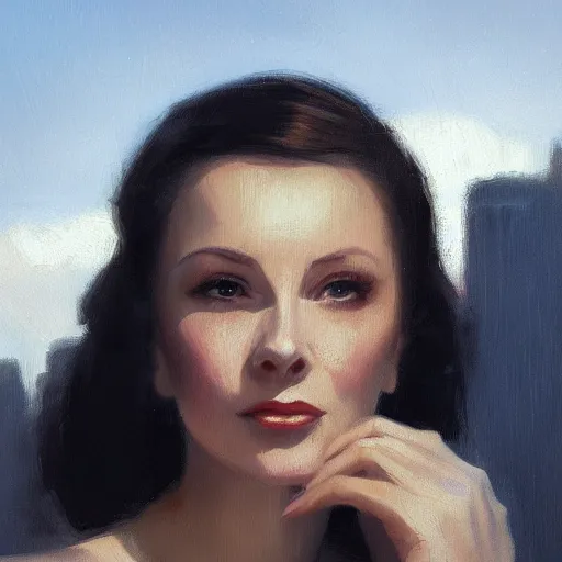 Image similar to closeup portrait of a young vivian leigh, chiaroscuro, city background, golden hour, dramatic lighting, high detail, painted by greg rutkowski, painted by igor kieryluk, trending on artstation