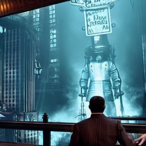 Image similar to screen capture from a live - action bioshock movie. andrew ryan, played by evan peters, is shown standing in an turn of the century style office front of an immense window looking out into the underwater city of rapture. the lights of the city are shining in the distance and an abundance of sea life is shown.