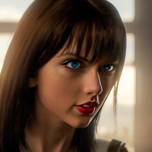 Prompt: cinematic still of taylor swift as alita in alita : battle angel ( 2 0 1 9 ), xf iq 4, f / 1. 4, iso 2 0 0, 1 / 1 6 0 s, 8 k, raw, dramatic lighting, symmetrical balance, in - frame