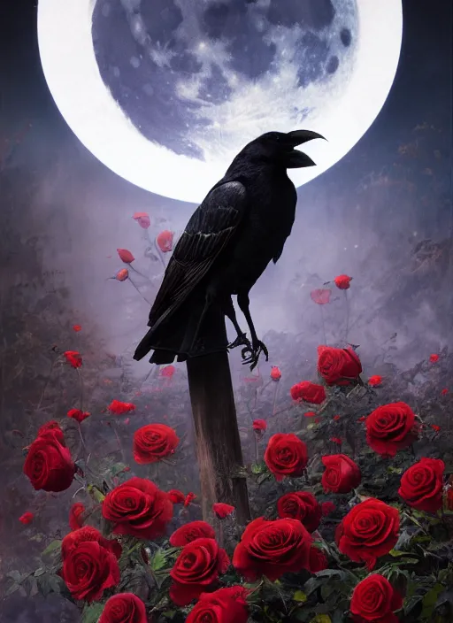 Image similar to portrait, A crow with red eyes in front of the full big moon, book cover, red roses, red white black colors, establishing shot, extremly high detail, foto realistic, cinematic lighting, by Yoshitaka Amano, Ruan Jia, Kentaro Miura, Artgerm, post processed, concept art, artstation, raphael lacoste, alex ross, portrait, A crow with red eyes in front of the full big moon, book cover, red roses, red white black colors, establishing shot, extremly high detail, foto realistic, cinematic lighting, by Yoshitaka Amano, Ruan Jia, Kentaro Miura, Artgerm, post processed, concept art, artstation, raphael lacoste, alex ross