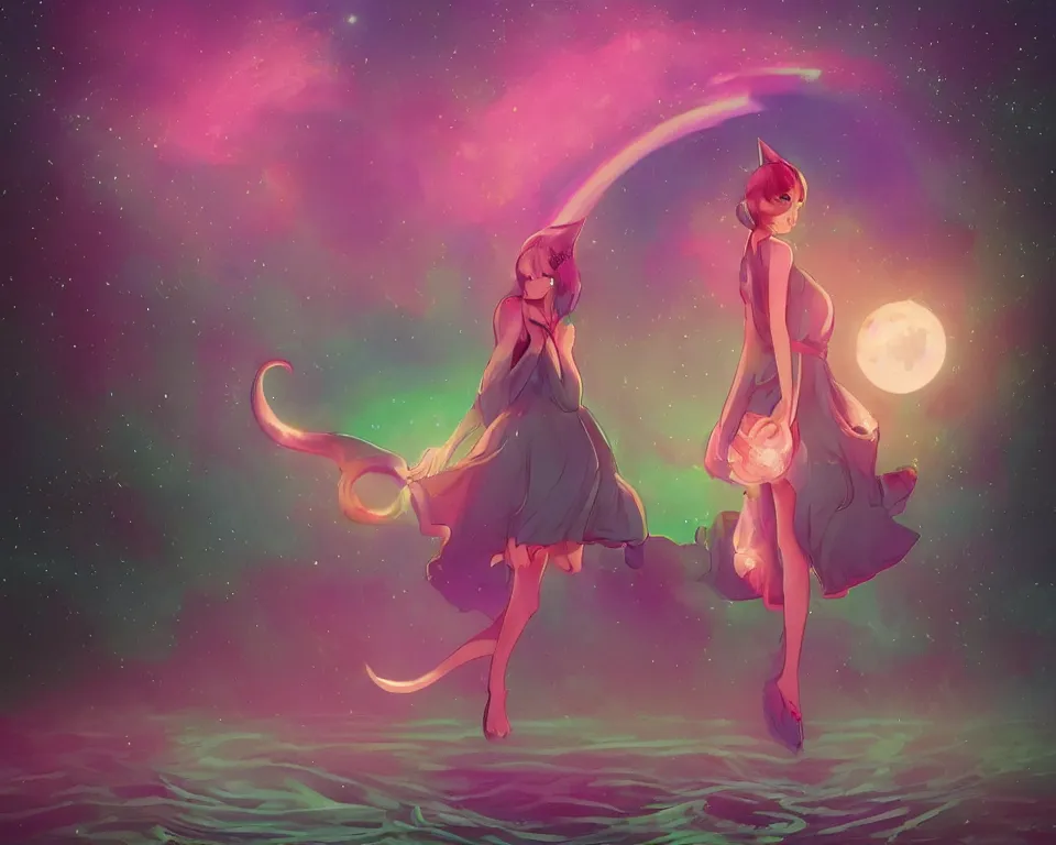 Image similar to beautiful whimsical cat girl standing in a lake in the moonlight, using magic, under a multi-colored binary blackhole with an accretion disc, glowing trails following her arms, wearing professional makeup, acidwave, by Lois van Baarle, by Greg Rutkowski, by artgerm, by beeple, by studio ghibli, cinematic angle, volumetric lighting, 4k resolution, octane render, trending on artstation, masterpiece