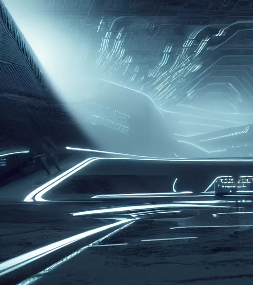 Image similar to tron legacy, desertic bioremediation white zumthor architecture at night, hyper realistic, ambient lighting, concept art, intricate, hyper detailed, trakovsky greatest scene, smooth, dynamic volumetric lighting, octane, raytrace, cinematic, high quality, high resolution, 4 k, cgsociety, rutkowski, gurney