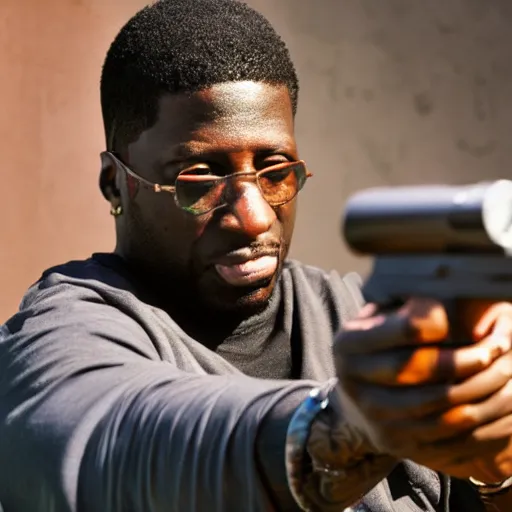 Image similar to angry gucci mane shooting and terrorizing people in the hood, 8k resolution, full HD, cinematic lighting, award winning, anatomically correct