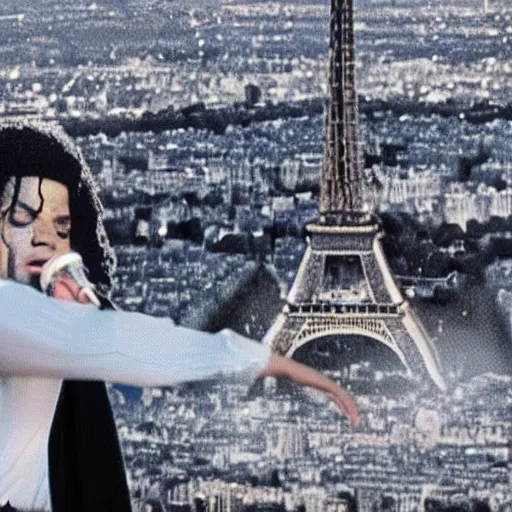 Image similar to old Michael Jackson recording music video in top of the Eiffel Tower, 4k 2022