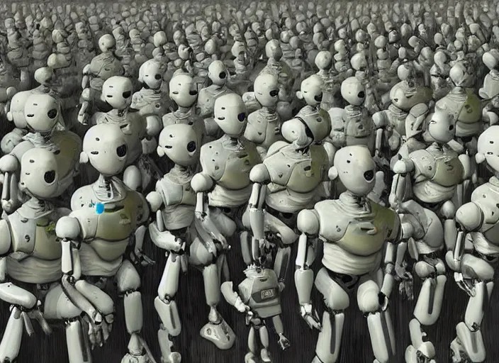 Image similar to very detailed painting humanoid robot army propaganda dictator convincing other robots of overthrowing humans