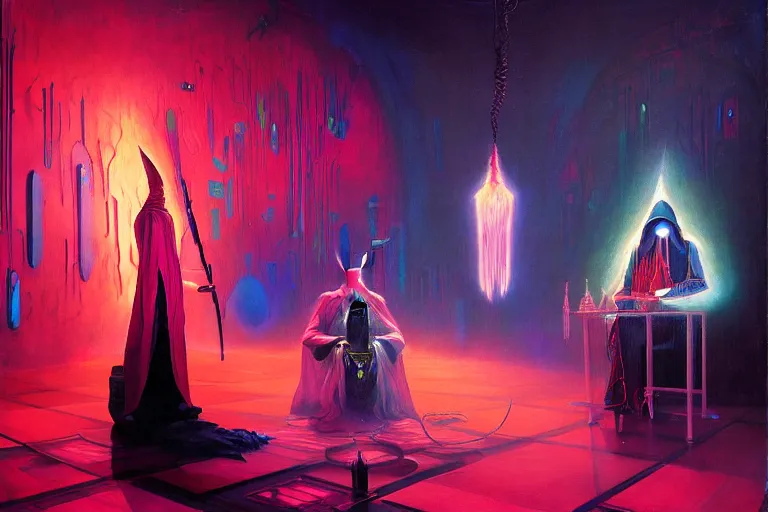 Image similar to a beautiful masterpiece painting of a technomancer wizard in robes with pointed hood discussing sentience with his synthesized AI djinn in his laboratory near a computer by Remedios Varo and Anato Finnstark and Greg Rutkowski, dayglo pink, dayglo blue, dazzle camouflage