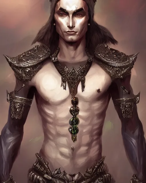 Image similar to a handsome noble male dark elf, obsidian skin, jewels, fantasy, intricate, highly detailed, digital painting, artstation, concept art, sharp focus, illustration