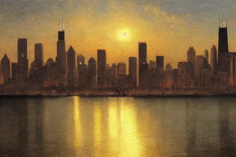 Prompt: chicago skyline, painted by hudson river school, dramatic lighting, artstation