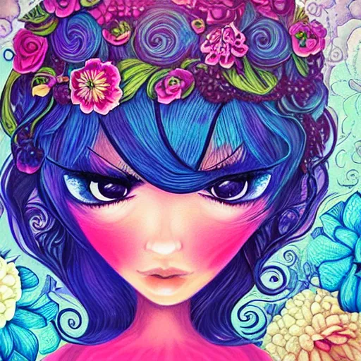 Image similar to beautiful portrait of a women by jeremiah ketner, flowers, detailed, texture hair,