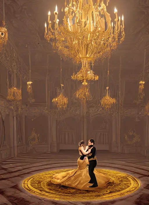 Image similar to highly detailed digital illustration of a newly married king and queen dancing in the grand ballroom of a fantasy castle | fantasy art, cryengine, concept art, photorealism, daz 3 d, sketchfab, zbrush, vray, rule of thirds, golden ratio