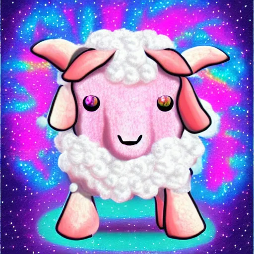 Prompt: A celestial sheep with wool that sparkles in pinky colors, digital art. Chinese art style