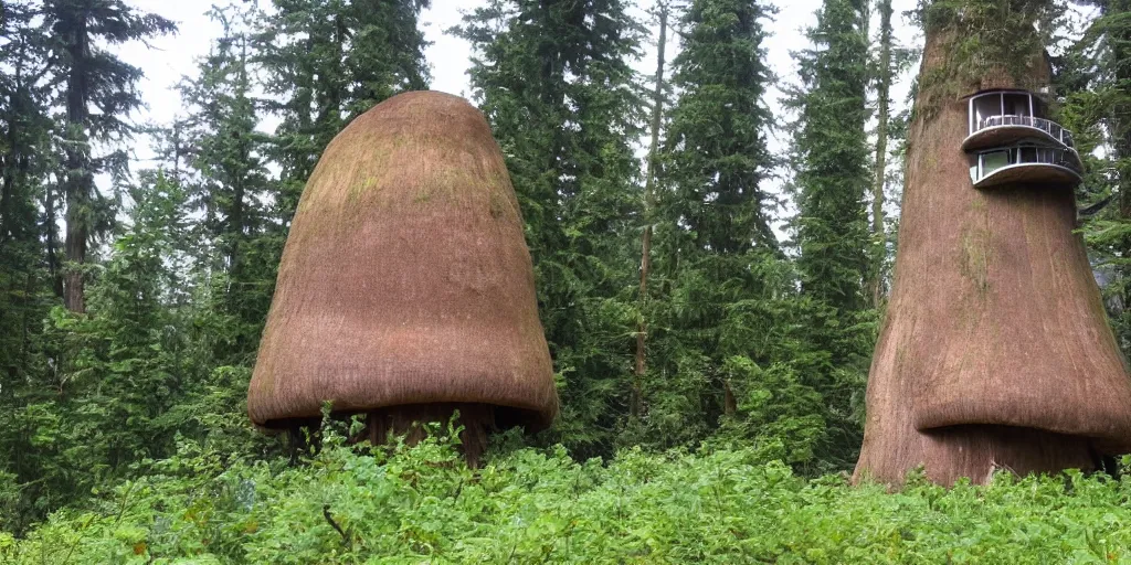 Prompt: tower residence made of an enormous mushroom, pacific northwest, round doors