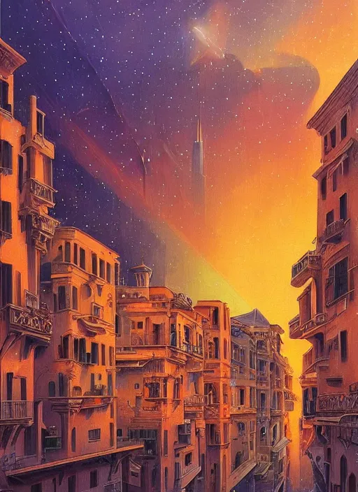 Prompt: ethereal starlit city at sunset, italian futurism, da vinci, Josan Gonzalez