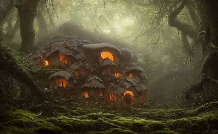 Image similar to A mushroom house!!!!, in a dark forest, macro, cool tones, underexposed, overecast, mysterious matte painting by greg rutkowski and marc simonetti and Ivan Shishkin, 4k