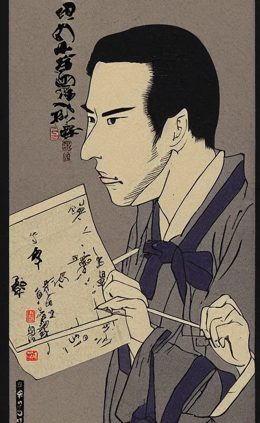 Prompt: by akio watanabe, manga art, portrait of male novel writer doing work, traditional japanese clothes, trading card front, realistic anatomy