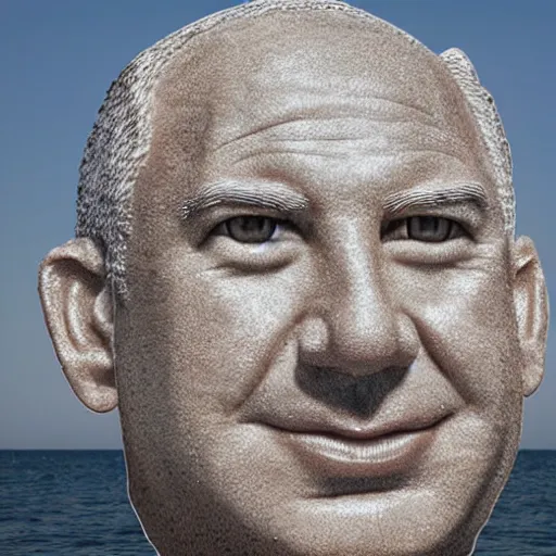 Prompt: a giant benjamin netanyahu head sculpture in the sea made out of thousands of small hamburgers, long shot, hyper detailed, hyper realistic, ray tracing, 8 k resolution, sharp focus, realistic water, award winning