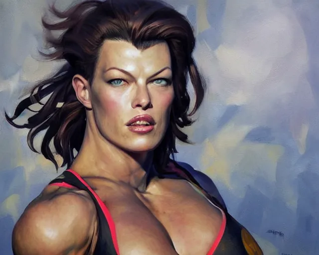 Prompt: greg manchess portrait painting of milla jovovich as beautiful thick female bodybuilder zarya from overwatch, medium shot, asymmetrical, profile picture, organic painting, sunny day, matte painting, bold shapes, hard edges, street art, trending on artstation, by huang guangjian and gil elvgren and sachin teng