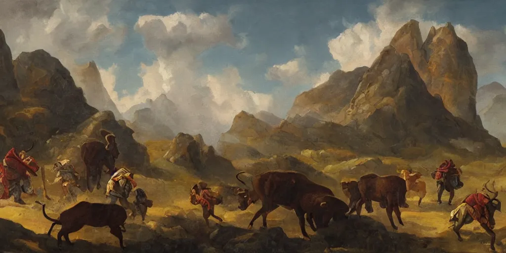 Prompt: painting of minotaurs travelling through craggy highlands