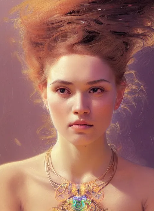 Image similar to a highly detailed photo of very intricate female face portrait, futurism, rococo cyber neon lighting, detailed futuristic fibonacci jewelry, profile posing, hyper photorealistic, trending in pinterest, cinematic, 4 k ultra hd, by denis villeneuve tom anders zorn hans dragan bibin thoma greg rutkowski ismail inceoglu illustrated sand storm alphonse mucha