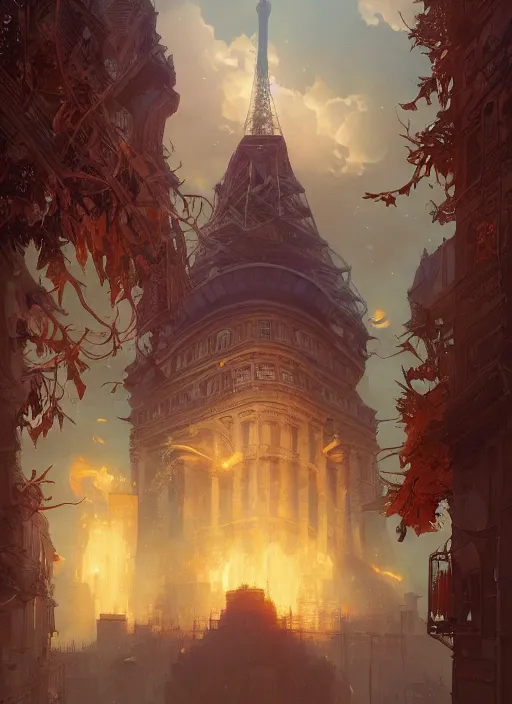 Image similar to paris burning, stephen bliss, unreal engine, fantasy art by greg rutkowski, loish, rhads, ferdinand knab, makoto shinkai and lois van baarle, ilya kuvshinov, rossdraws, tom bagshaw, alphonse mucha, global illumination, radiant light, detailed and intricate environment