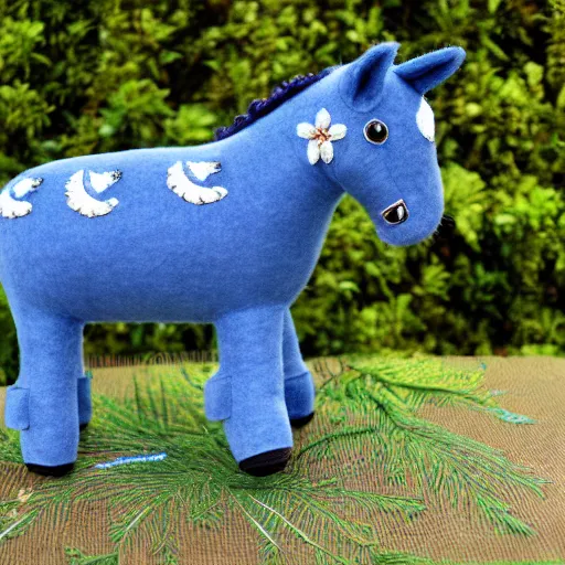 Image similar to a beautiful realistic felt plush horse in dusty blue with ornate detailed embroidery decoration