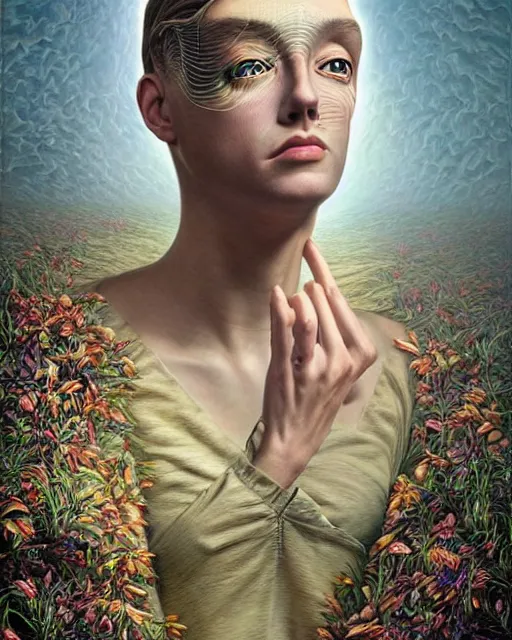 Image similar to gender dysphoria theme surrealist art in the styles of igor morski, jim warren, and rob gonsalves, intricate, hyperrealistic, volumetric lighting