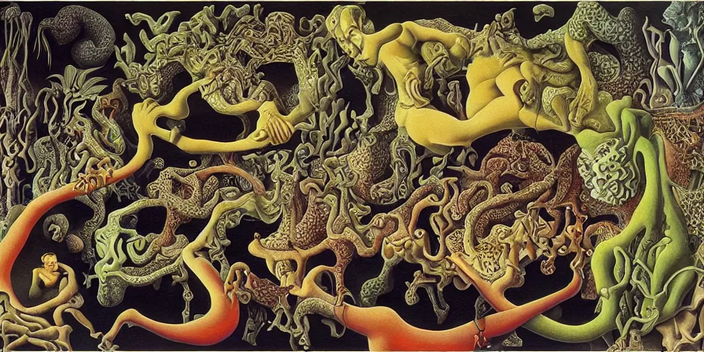 Prompt: basilisk, pain, pleasure, suffering, adventure, love, abstract oil painting by mc escher and salvador dali and raqib shaw