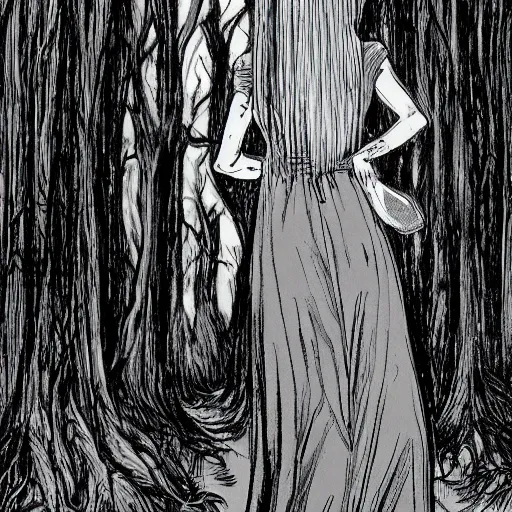 Prompt: tall slender woman with long grey hair in a black dress walking out of a swamp, concept art, high resolution, high quality, highly detailed, wide angle, elaborate, by ec comics,