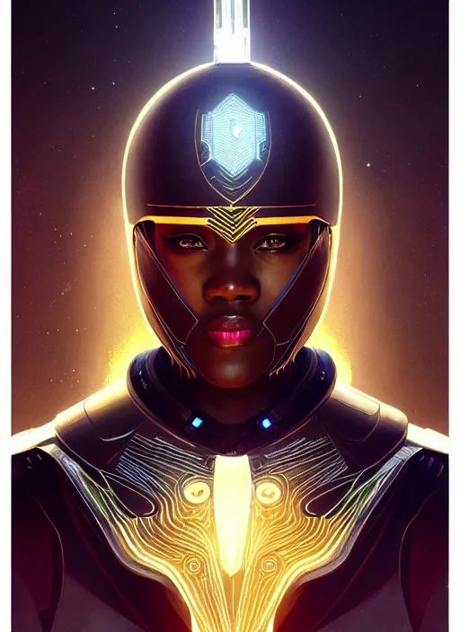 Image similar to Symmetry!! portrait of an african warrior, sci-fi armour, tech wear, glowing lights!! sci-fi, intricate, elegant, highly detailed, digital painting, artstation, concept art, smooth, sharp focus, illustration, art by artgerm and greg rutkowski and alphonse mucha