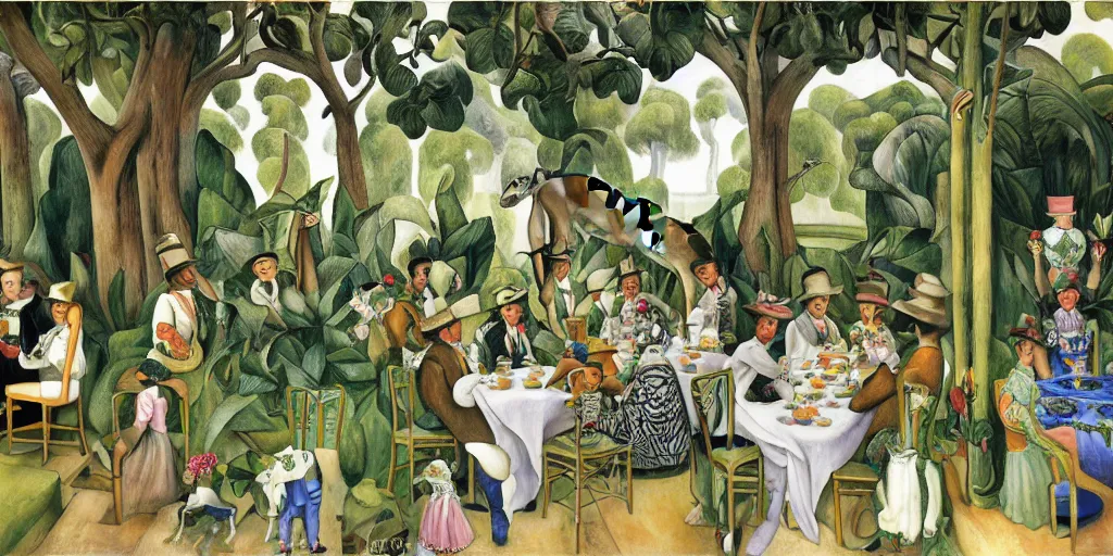 Image similar to elegant victorian tea party with giraffes in an english summer garden patio, diego rivera - h 7 6 8