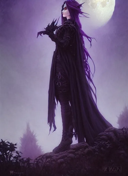 Image similar to moon in the background!!!, full portrait dark witch, adventurer outfit large cloak, fantasy forest landscape, fantasy magic, short purple black fade hair, dark light night, intricate, elegant, sharp focus, illustration, highly detailed, digital painting, concept art, matte, art by wlop and artgerm and greg rutkowski and alphonse mucha, masterpiece