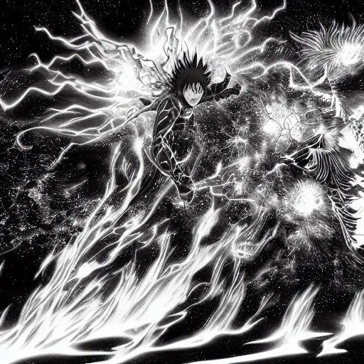 Image similar to astral explosion in the style of kentaro miura, 4 k, 8 k, absolute detailing of even the smallest details and particles, beautiful shadows, beautiful art, black and white drawing, high rendering of the details of the environment, faces and characters