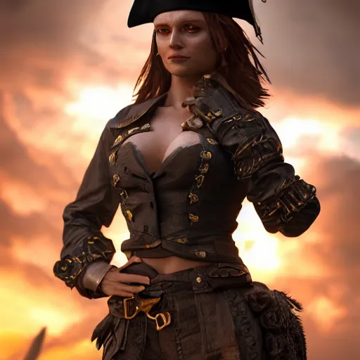 Prompt: full body pose, hyperrealistic photograph of a pirate woman, dim volumetric lighting, 8 k, octane beautifully detailed render, extremely hyper detailed, intricate, epic composition, cinematic lighting, masterpiece, trending on artstation, very very detailed, stunning, hdr, smooth, sharp focus, high resolution, award, winning photo, dslr, 5 0 mm