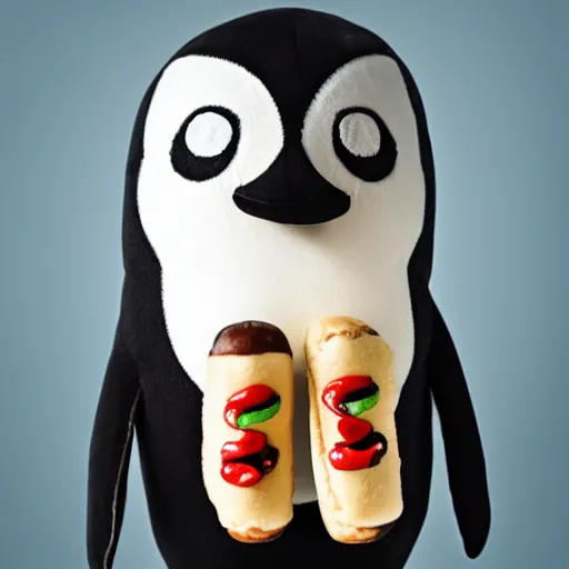 Image similar to A penguin plush holding a hotdog. Beautifully made, detailed, cute, soft. High quality, studio lighting, product image