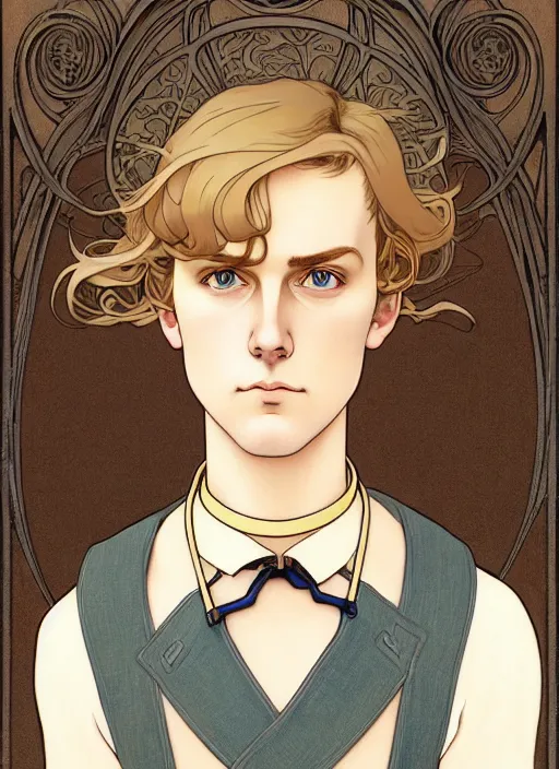 Image similar to art nouveau portrait of a pretty young man with short light brown straw blond hair, light blue eyes, sad expression, scared, head down, shy and demure, wearing a choker collar, natural lighting, path traced, highly detailed, high quality, cartoon, digital painting, by don bluth and ross tran and studio ghibli and alphonse mucha