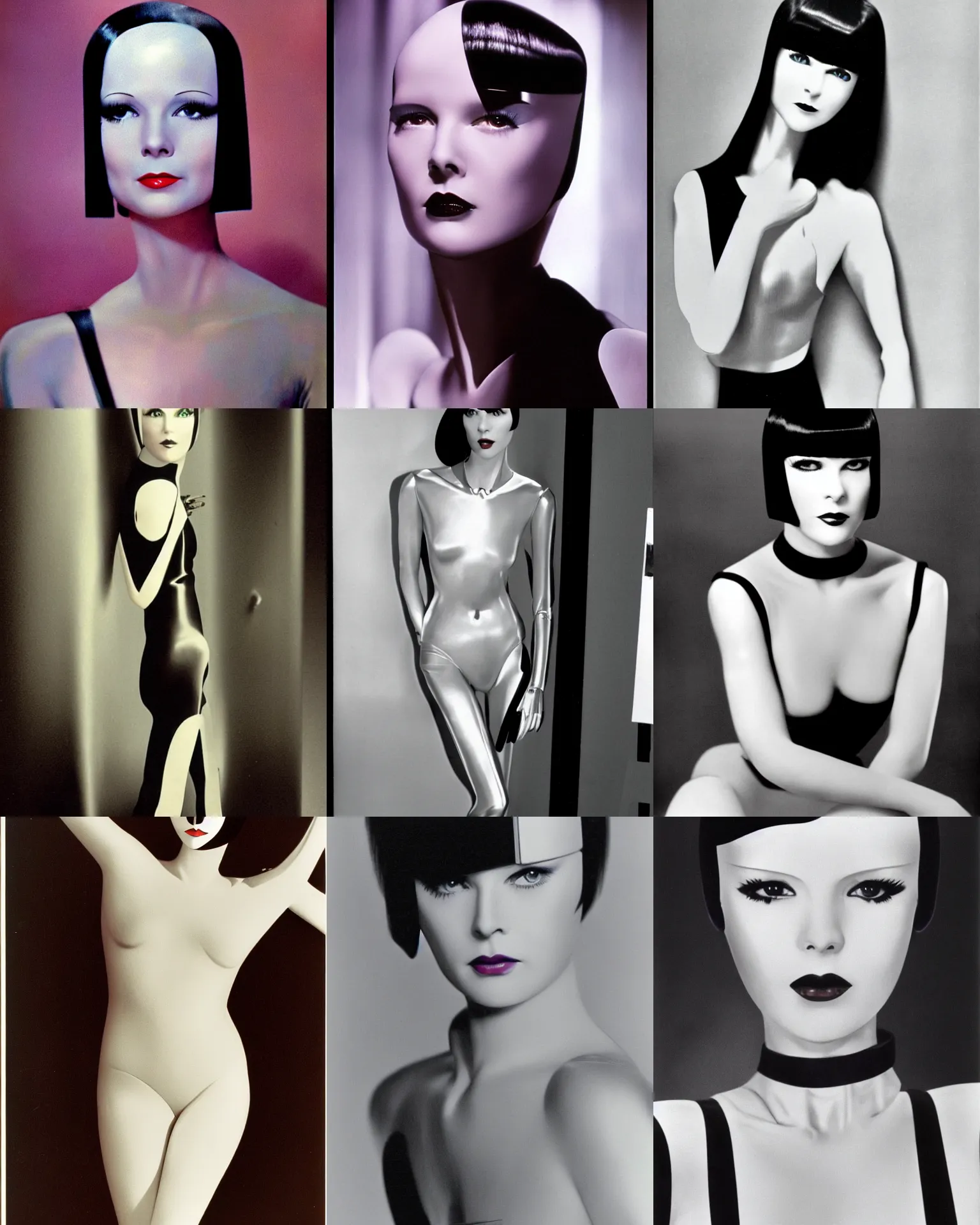 Prompt: mary louise brooks is half robot, chrome skin, 1 9 8 0 s airbrush, clean lines, futuristic, blade runner