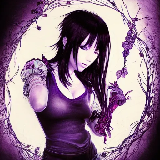 Image similar to a portrait of tifa lockhart beautiful elegant partially made of potatoes roots and violets, an ultrafine detailed illustration by james jean, final fantasy, intricate linework, bright colors, behance contest winner, vanitas, angular, altermodern, unreal engine 5 highly rendered, global illumination, radiant light, detailed and intricate environment