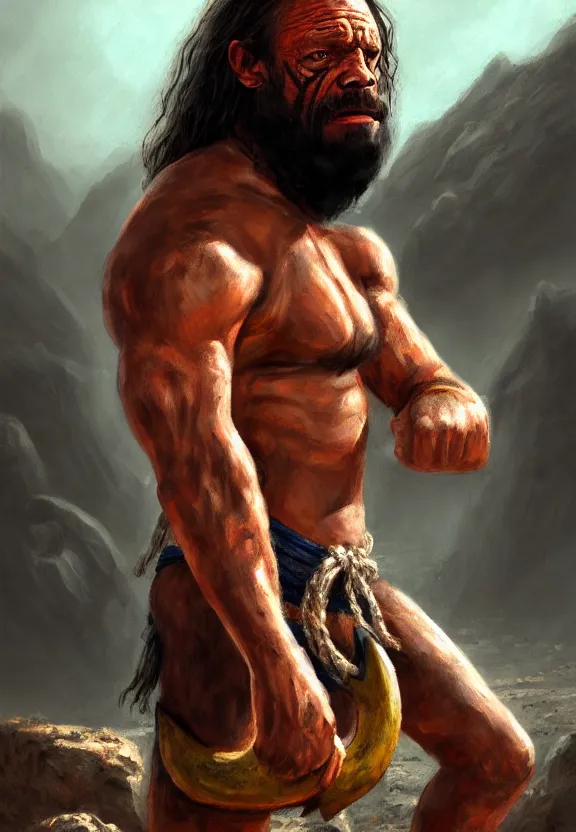 Image similar to a solitary wrestler randy savage with an anchor slung over his shoulder alone in a rocky desolate wasteland | portrait | hd 4 k | fantasy impressionist oil painting | middle earth | pathfinder | artstation | conan | darksun | d & d dungeons and dragons | barbarian